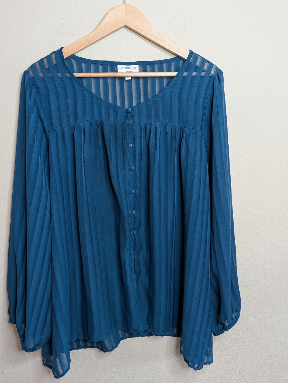 Studio B by Bobeau Blouse‎ 3X Teal Sheer Stripe Button Front Peasant Plus Size